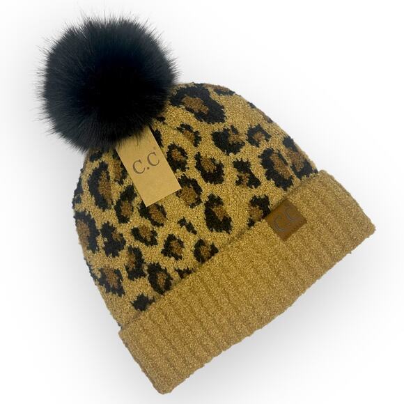 C.C Leopard Faux Fur Pom Beanie Adult Size Tan Latte Black Printed Winter Hat - Picture 6 of 6